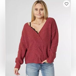 Daytrip Twisted Surplice Chenille‎ Sweater Women's Size Medium Red EUC Buckle